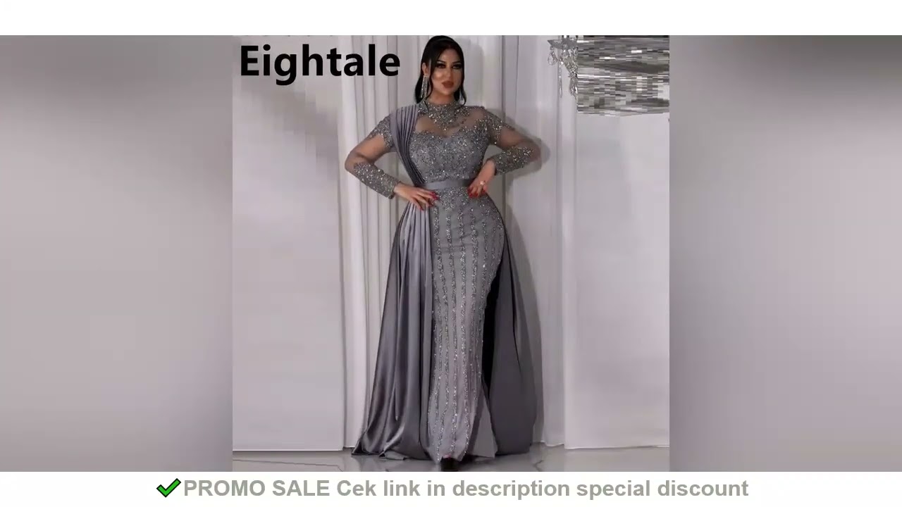 Customized Long Sleeve High Neck Mermaid Gray Evening Dress For Wedding Party Luxury Sequined Formal