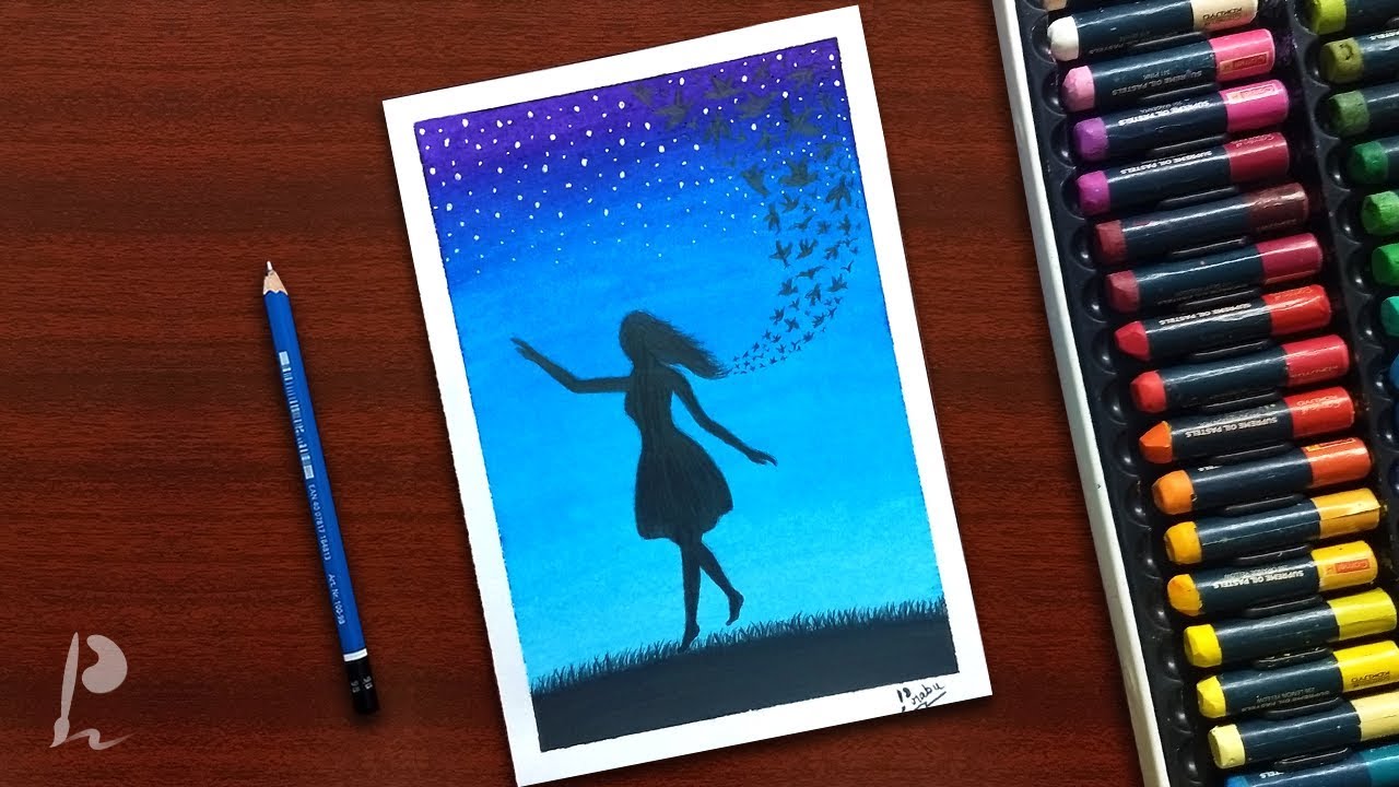 Beautiful Girl Dancing Night Scenery Drawing with Oil Pastels | PrabuDbz Art