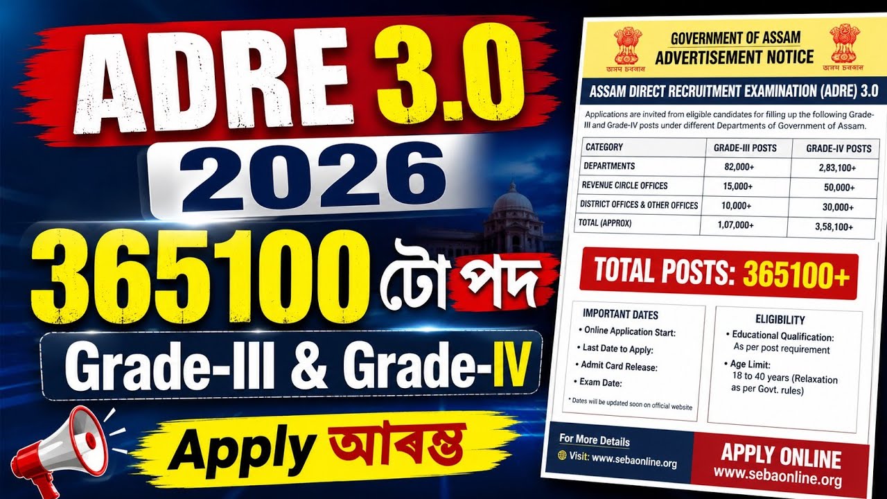ADRE 3.0ৰ Apply Date - Adre 3.0 jobs 2026 | Adre 3.0 new vacancy 2026 | Jobs in Assam | Assam jobs |