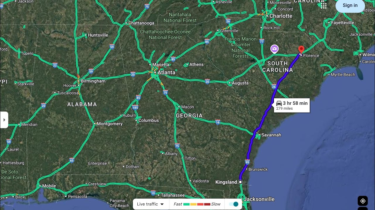 Driving 2 hours from Kingsland, Georgia to Florence, South Carolina