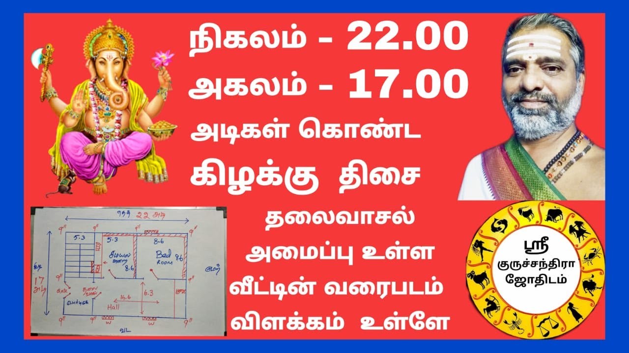 நிகலம் - 22 அடி, அகலம் - 17 அடி அளவு கொண்ட கிழக்கு தலைவாசல் வீட்டின் வாஸ்து வரைபடம்
