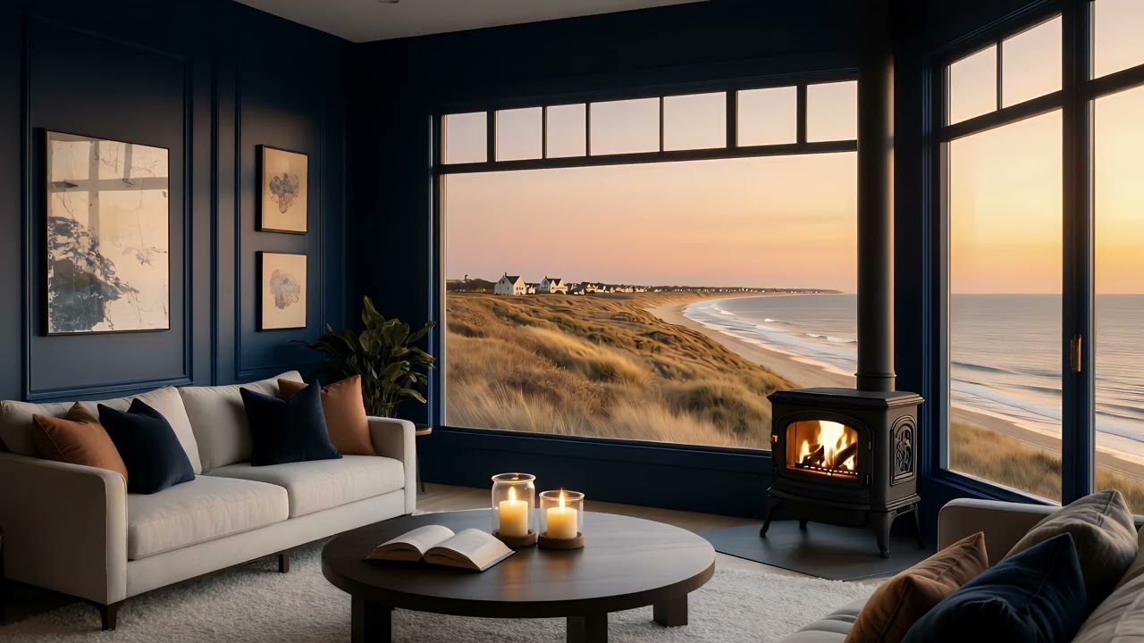 Cozy Coastal Sunset Fireplace 🌅🔥 | Beach House Ambience for Relaxation
