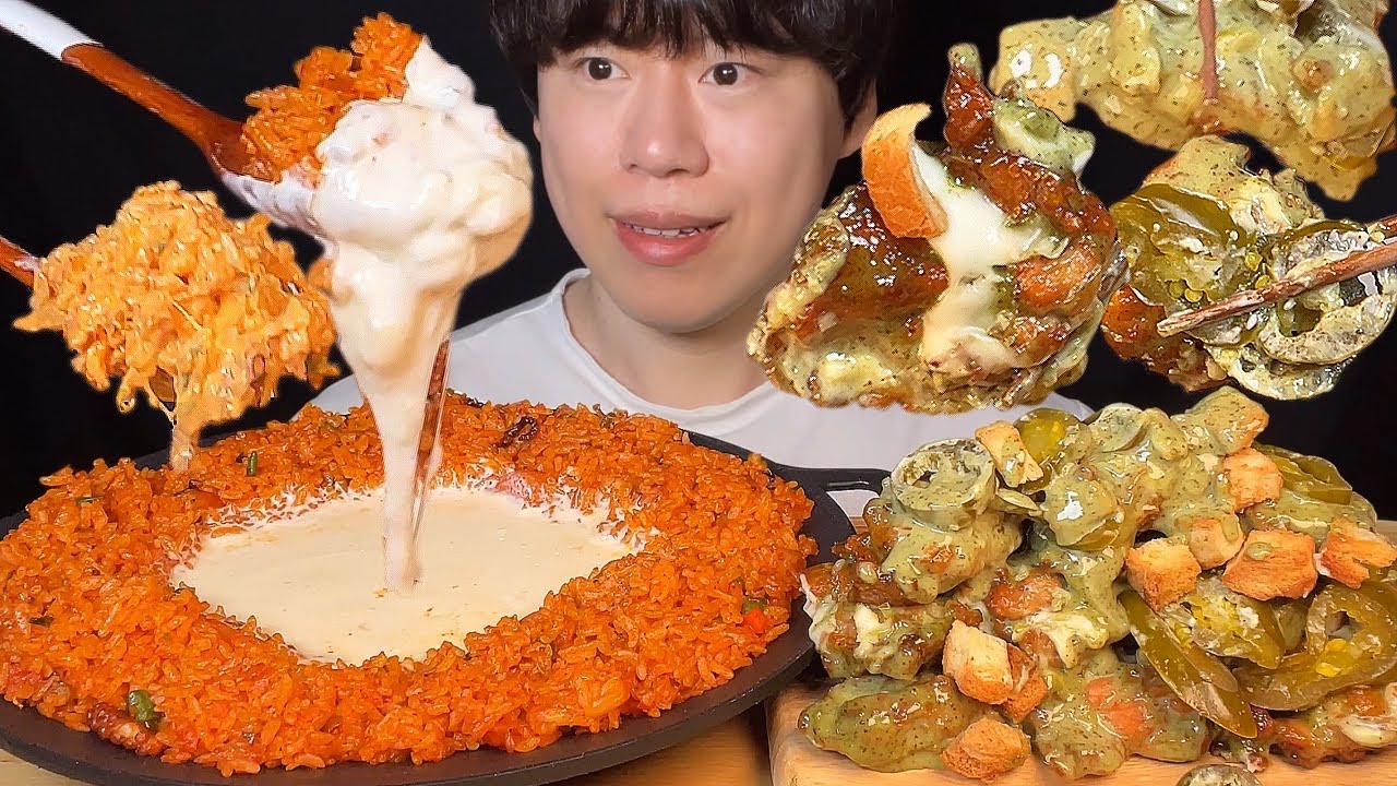 (Подписка) Корейская еда:сливочный осьминог,жареный рис с базиликом, курица с халапеньо мукбанг ASMR