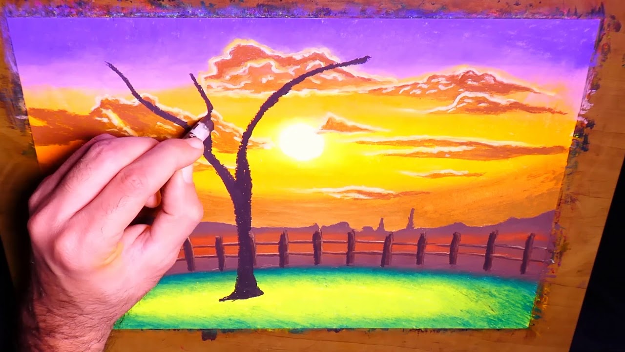 Easy Landscape & Urban Sunset Painting | Oil Pastel & Colored Pencils | My 4 Artwork Demonstration