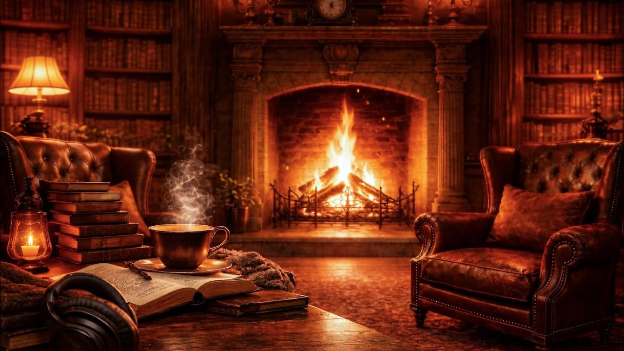 Fireplace Library Ambience 📚| 1 Hour Relaxing Sounds for Studying,Focus & Sleep