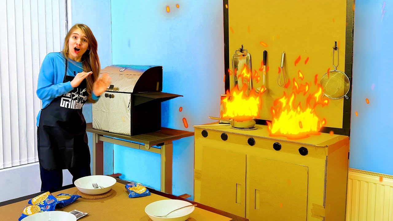 Amelia and the Noodles for Arthur in a cardboard kitchen adventure.