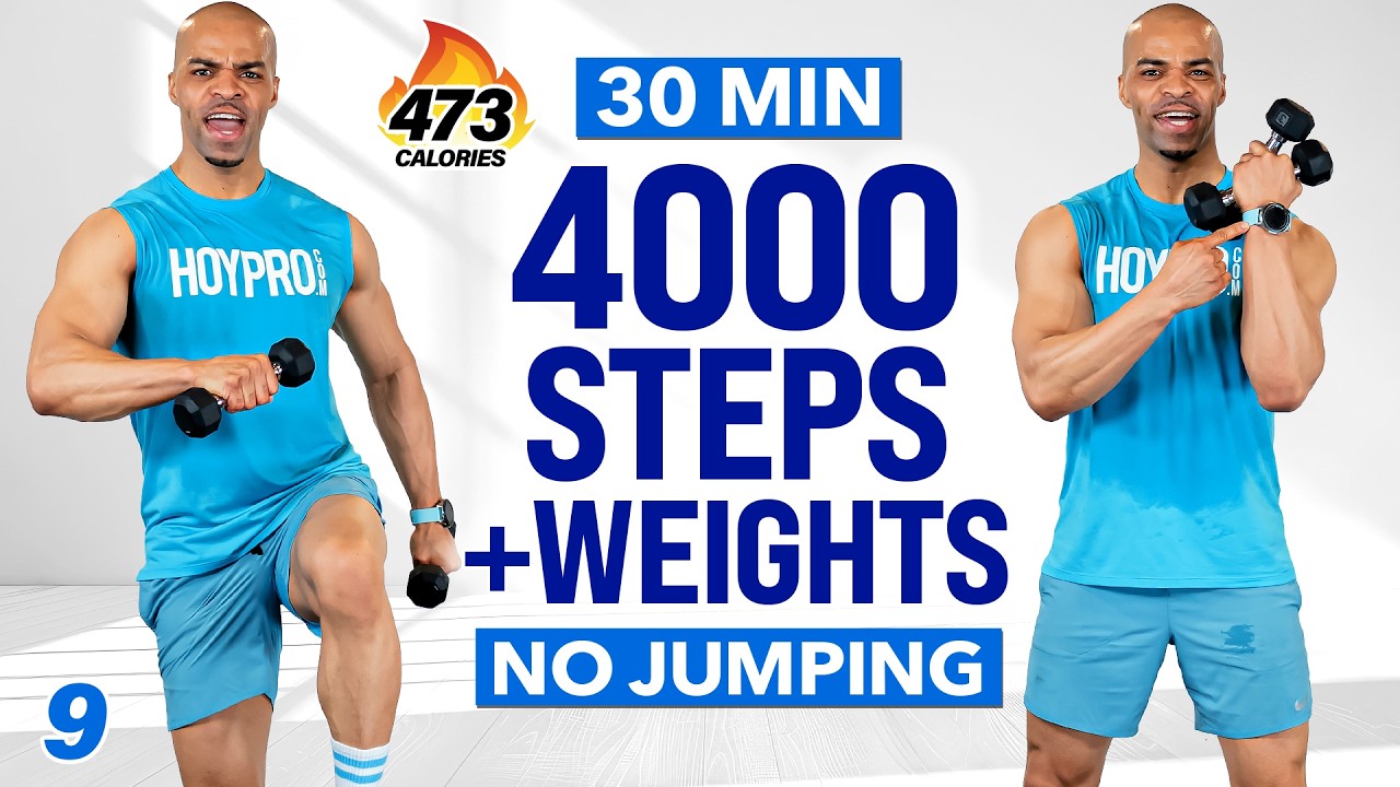 30 MIN 4000 Steps Fast Walk at Home with Dumbbells | Fat Burning - WALK Day 9
