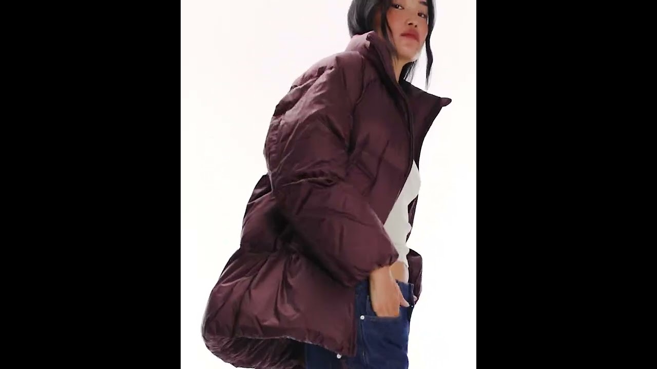 ARKET Down Puffer Long Line Jacket Nylon Women Shiny Burgundy Wine | Asos