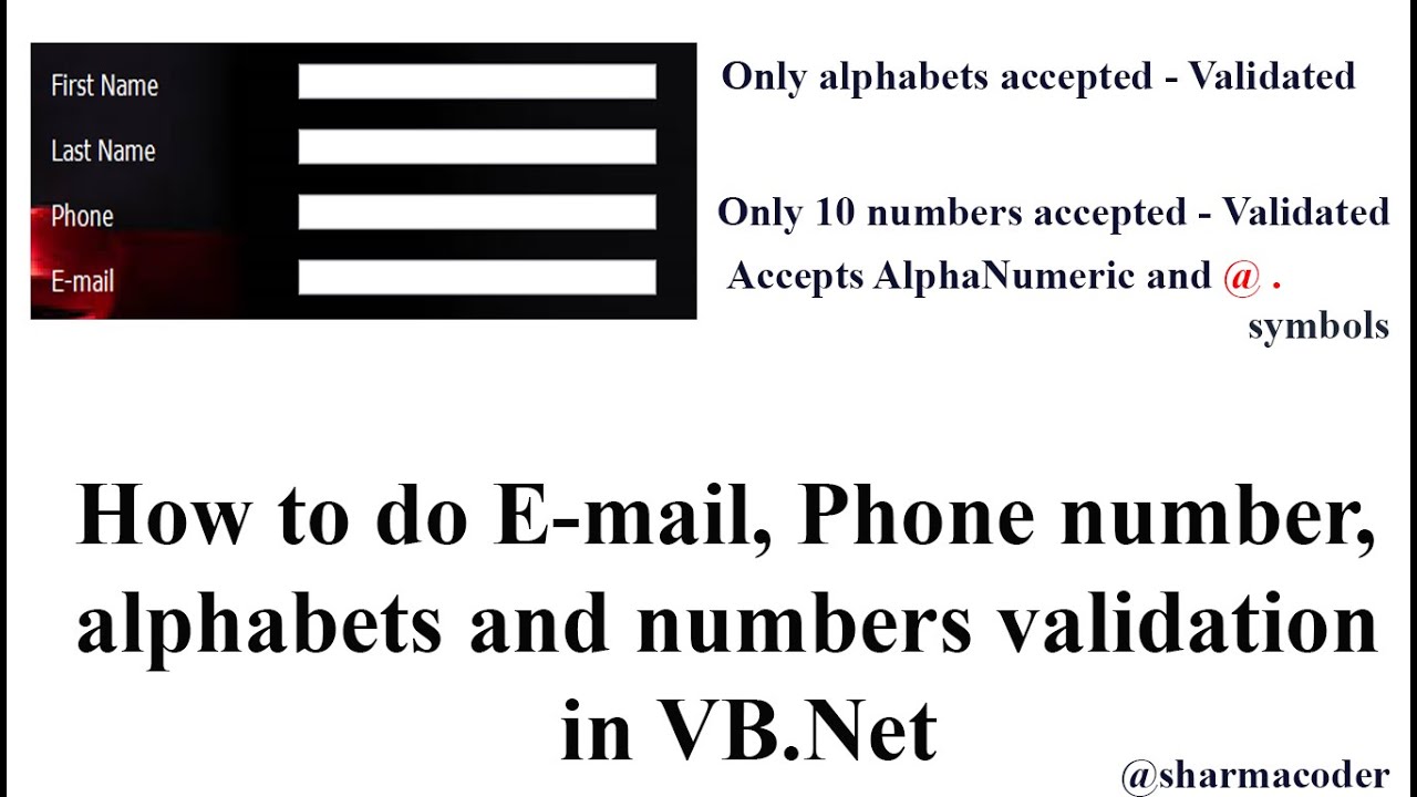How to do Email and Phone number validation in VB.NET | Alphabets, Numbers and AlphaNumeric in VB
