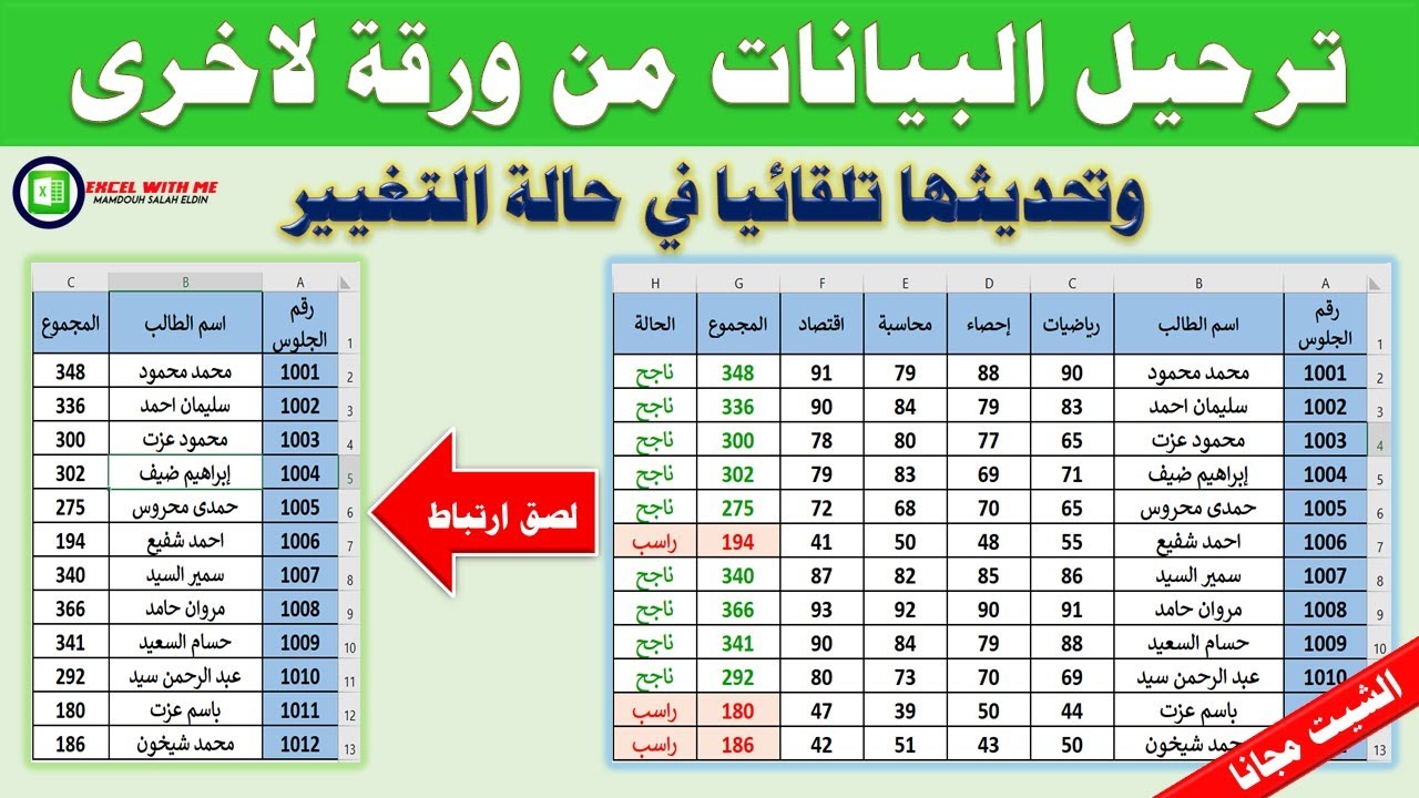 ترحيل البيانات من ورقة الى ورقة اخرى وتحديثها تلقائيا فى حالة التغيير فى الاكسل