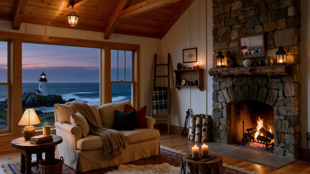 Cozy Coastal Cabin Fireplace Ambience 🌊🔥 | Lighthouse Views at Dusk for Relaxation & Sleep