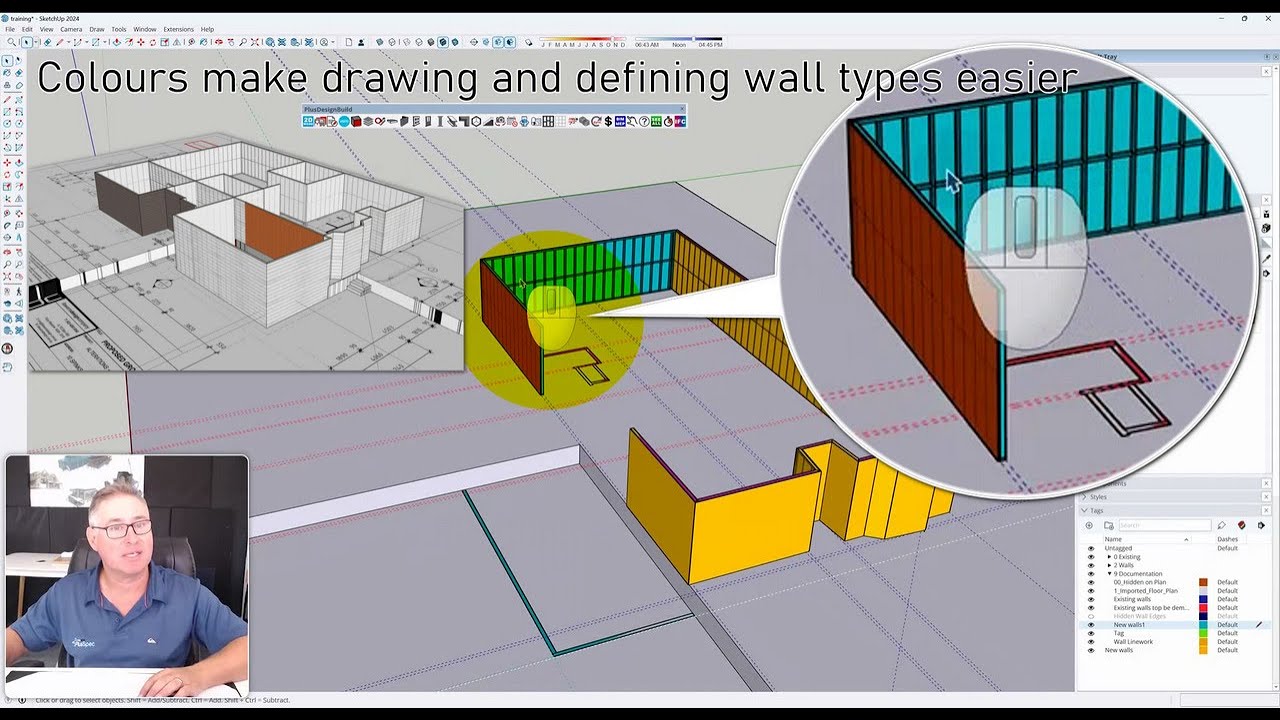 Colour makes drawing & defining wall guides & line types easier + reduces Sketchup/PlusSpec chaos.