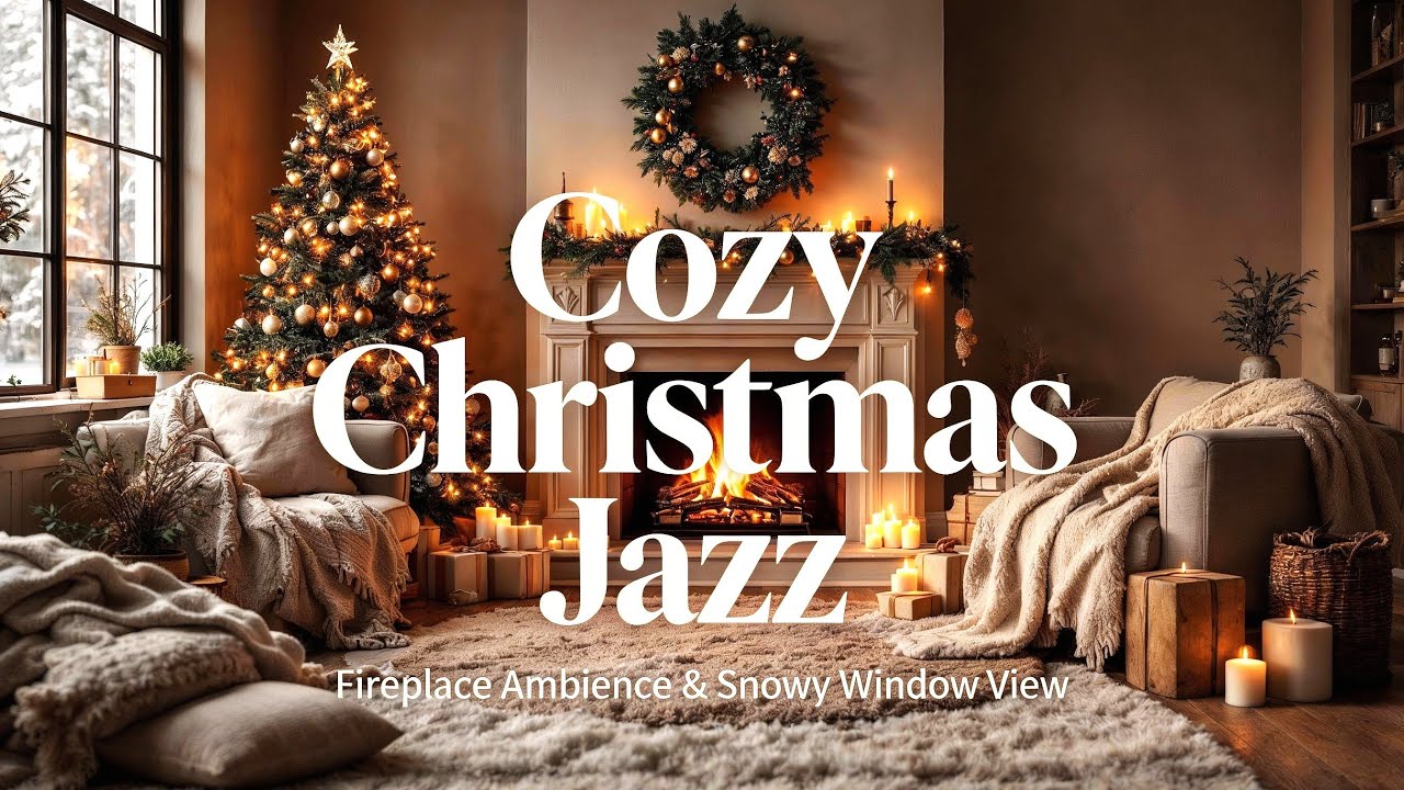 Cozy Christmas Jazz 🎄 Fireplace Ambience with Candles, Tree & Snowy Window for Winter Calm