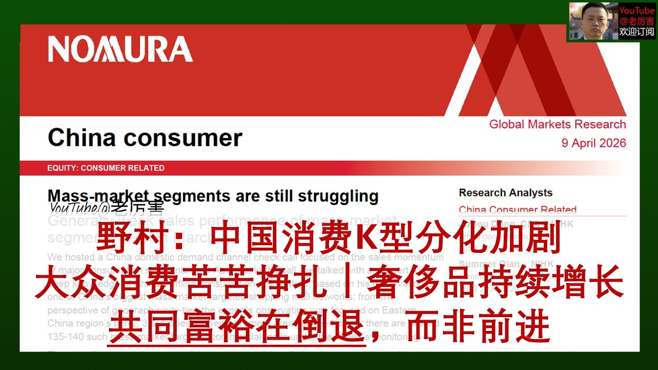 「野村」20260410：共同富裕在倒退，中产塌陷下中国消费K型分化加剧，大众消费持续降级苦苦挣扎，高端奢侈品（爱马仕、梵克雅宝等）销售增长强劲｜外资研报｜财经｜消费｜内需｜贫富差距｜中国经济｜