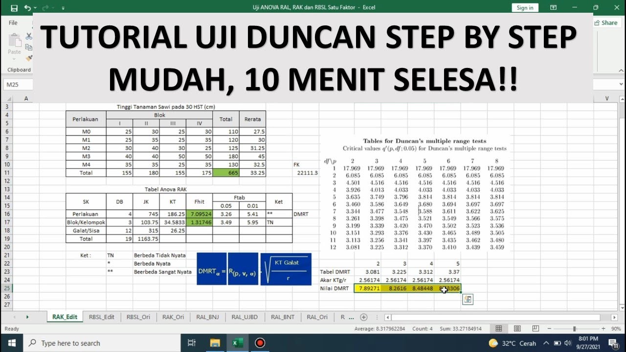 Uji Lanjut Duncan pada Rancangan Acak Kelompok, Duncan Test in Randomized Block Design