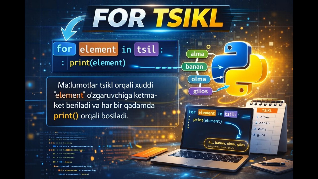 FOR Tsikl Python’da | Boshlovchilar uchun To‘liq Dars