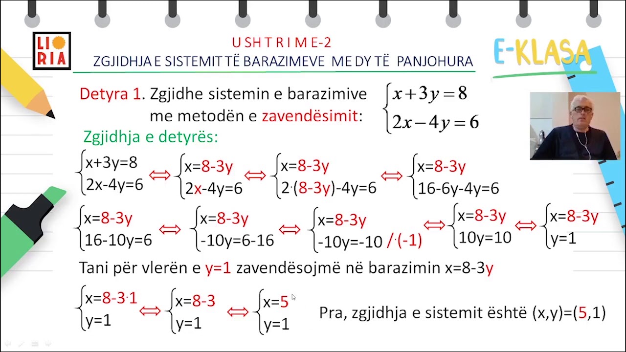 Klasa 9 - Matematikë - Zgjidhja e sistemit me metoden e zavendesimit