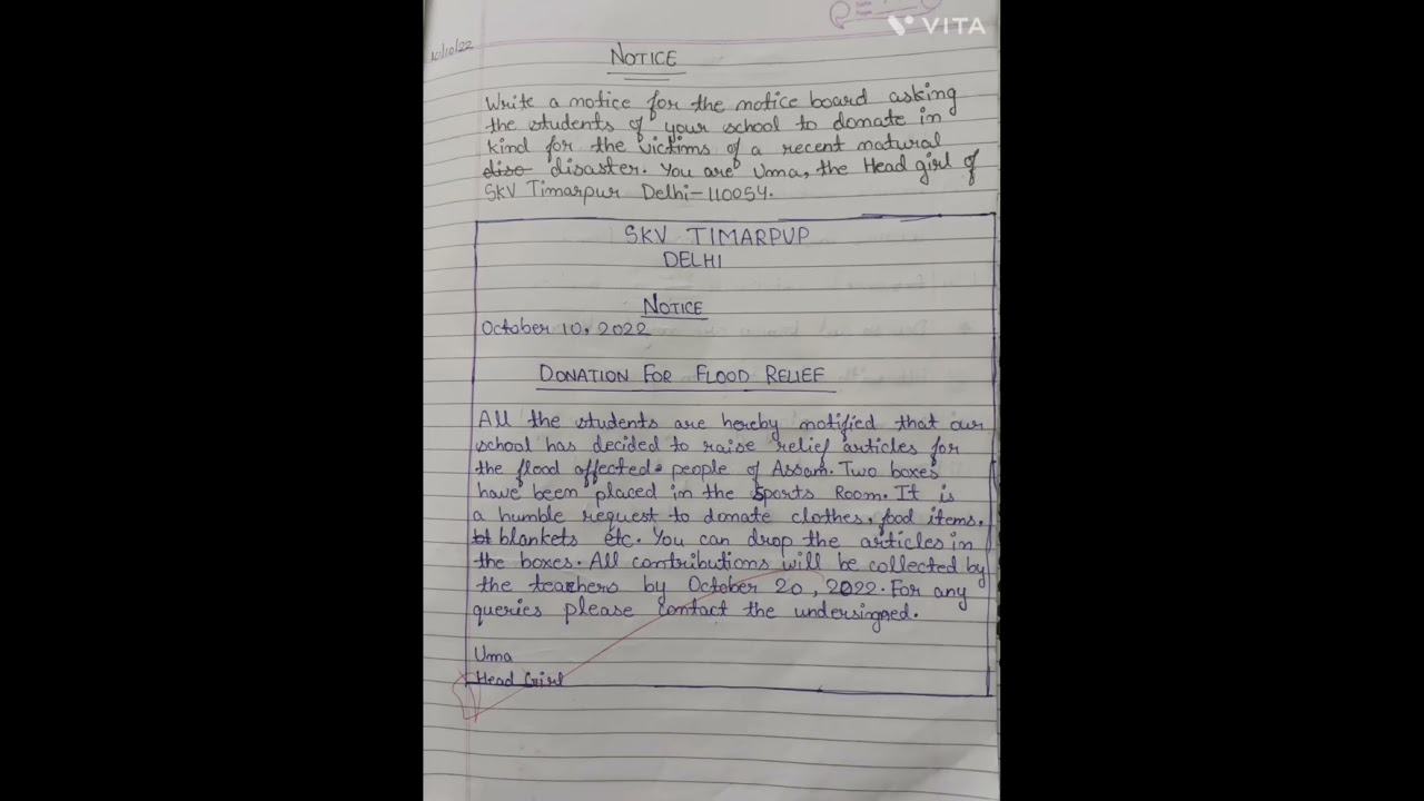 Notice writing for DONATION FOR FLOOD RELIEF (English grammar)