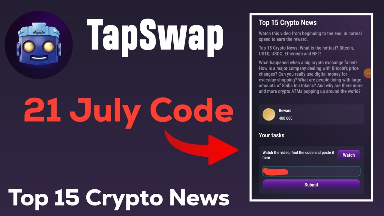Top 15 Crypto News video code | 20 july tapswap code | today tapsawp video code top 15 crypto news