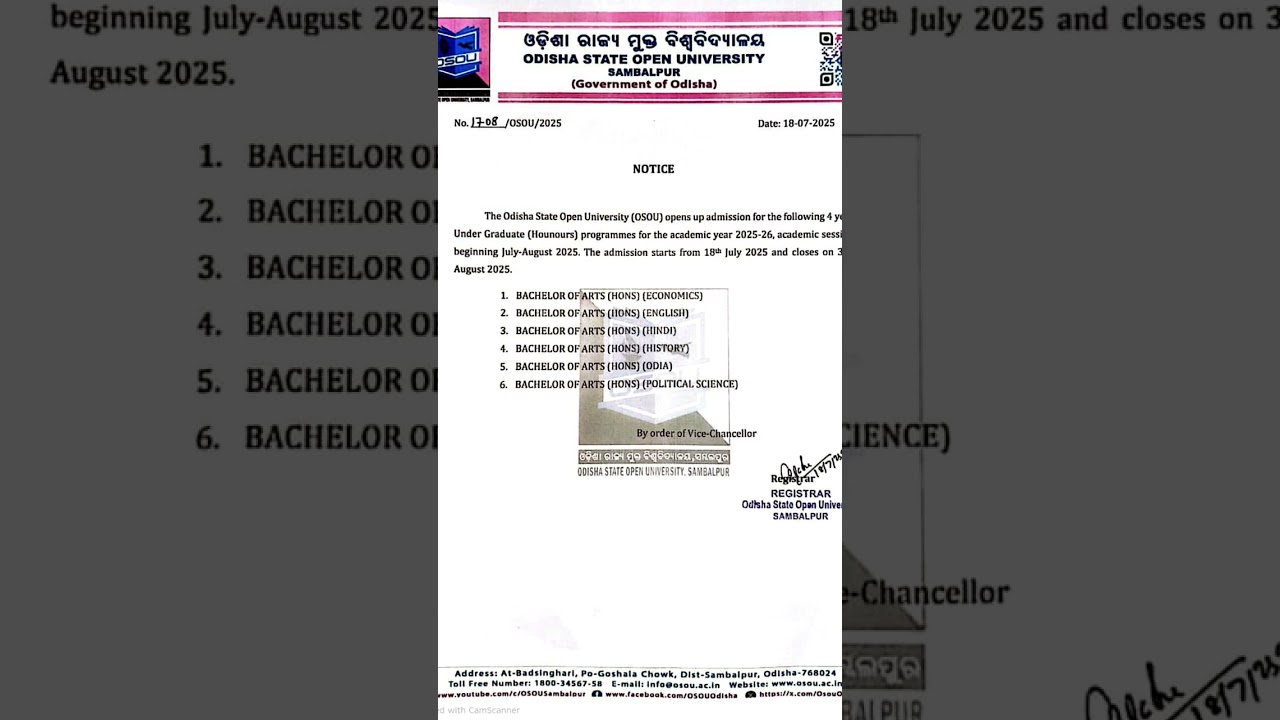 #osou OSOU Notice on UG(+3)  Distance mode Admission for Academic Year 2025-26