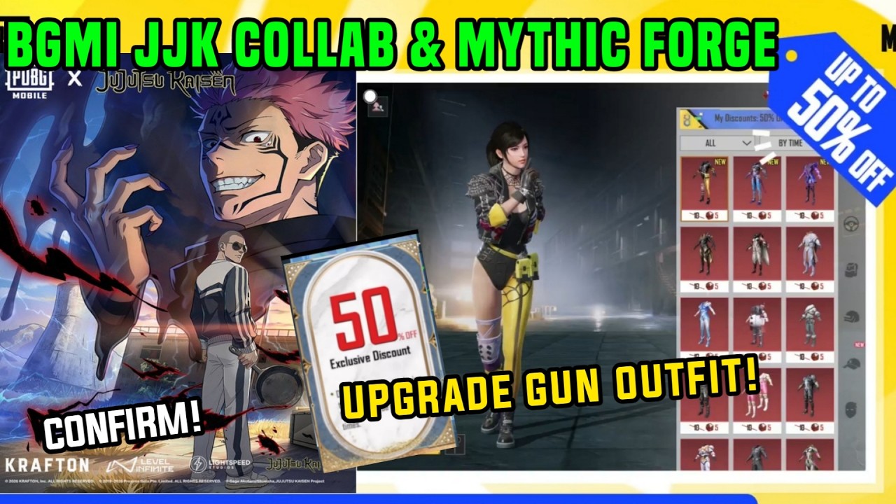 BGMI NEXT MYTHIC FORGE 4.3 / BGMI 4.3 UPDATE MYTHIC FORGE OUTFIT GUN SKIN 50% DISCOUNT CONFIRM JJK