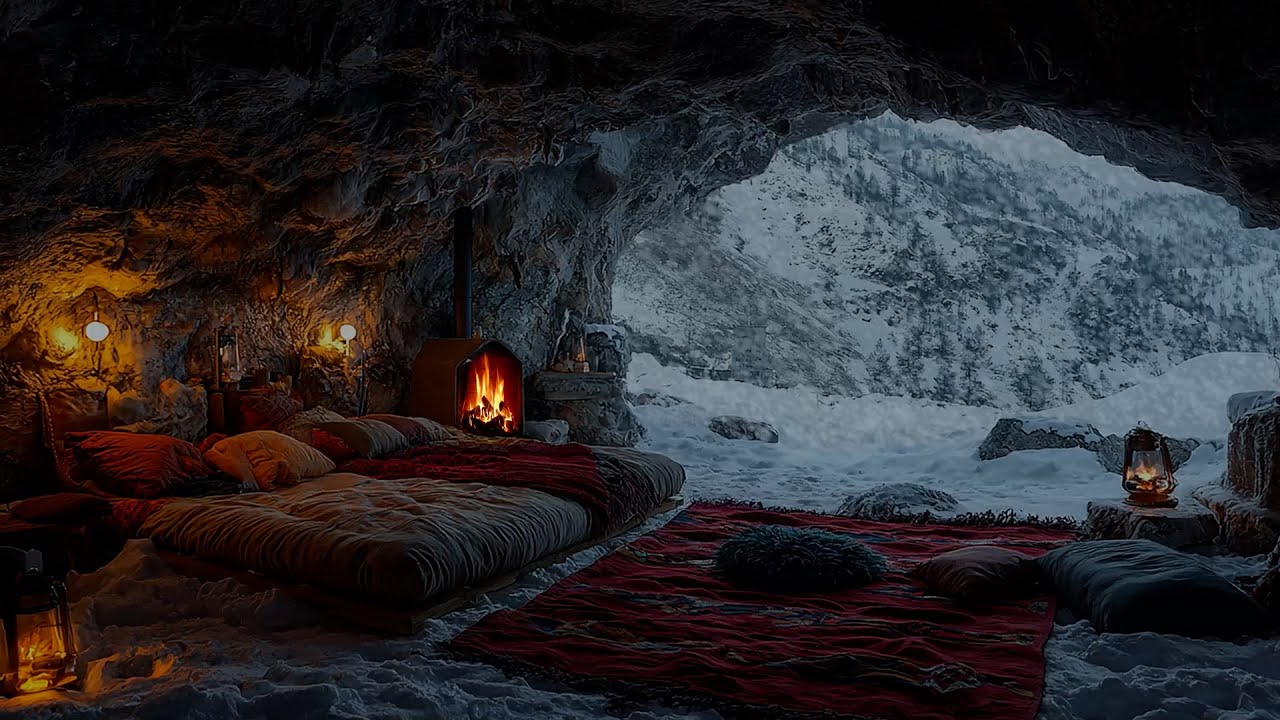 Winter Cozy Cave Ambience ❄️ Snowy Day with Gentle StormSnow and Fireplace Sounds for Relaxation