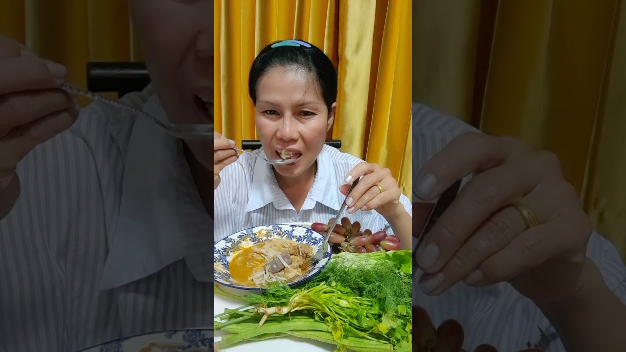 Ep.757  ขนมจีนน้ำยาขาไก่เปื่อยๆแกล้มผักชีลาว #Thaifood #yummy #eating 