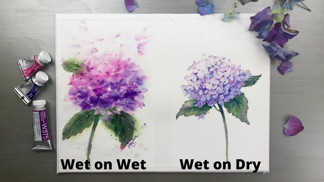 Watercolor Painting - WET ON WET vs WET ON DRY Technique-Hydrangea- Tutorial Step by Step.