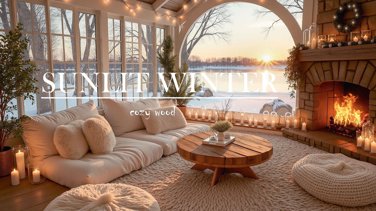 Sunlit Winter Cabin by the River ❄️🔥 Cozy Fireplace Mood | Smooth Jazz Piano & Soft Jazz