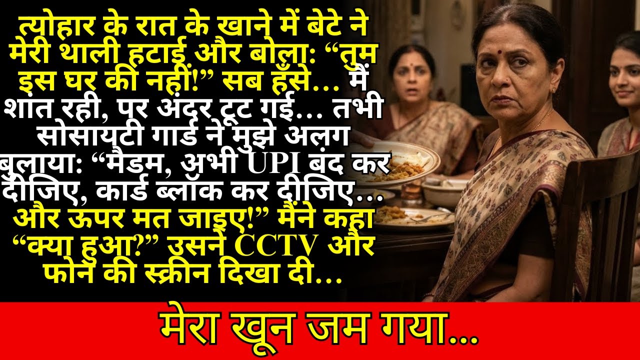 त्योहार की रात के खाने में मेरे बेटे ने मेरी थाली हटाई: “तुम इस घर की नहीं हो!”… गार्ड: “UPI ब्लॉक!”