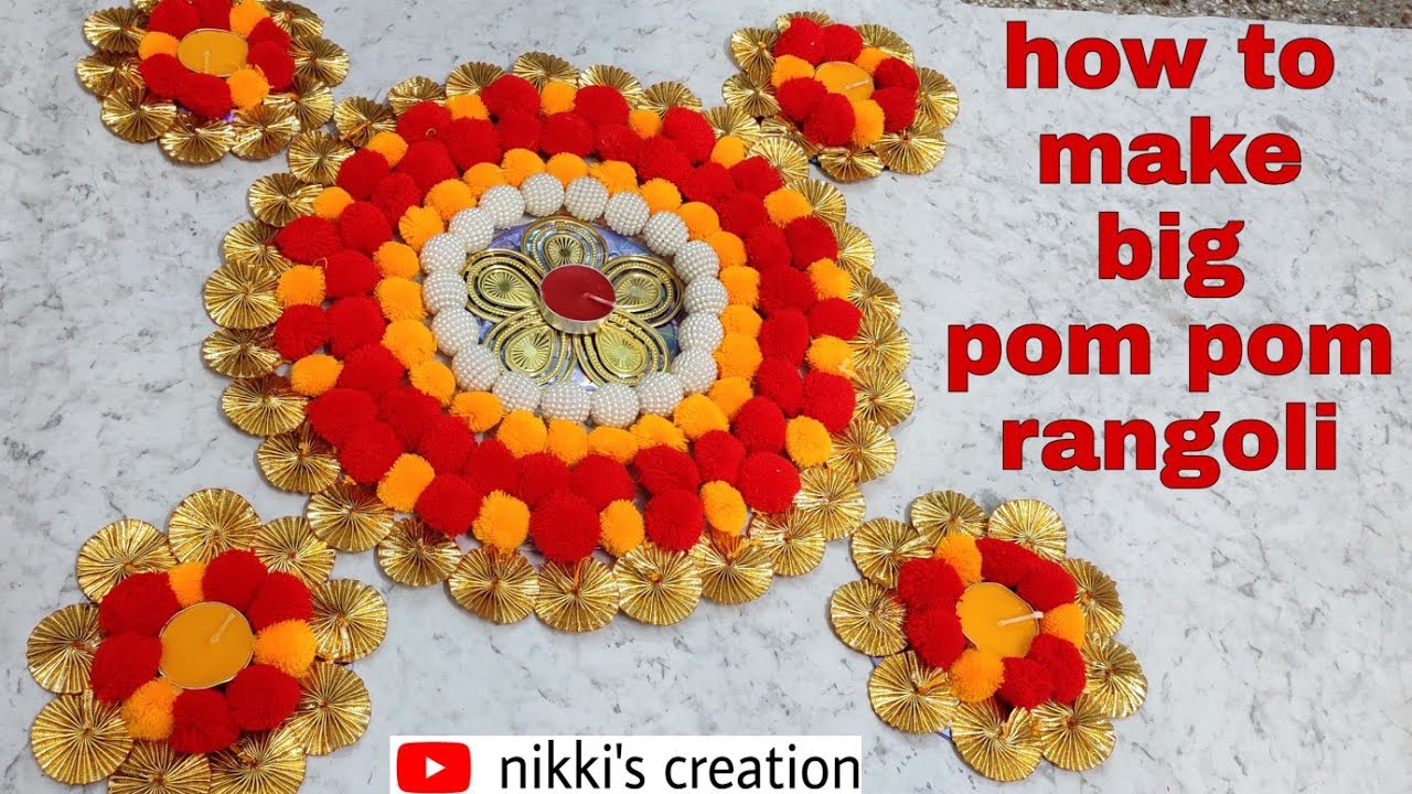 unique and easy pom pom rangoli/ how to make rangoli/ make reusable rangoli in 5 minutes with CD