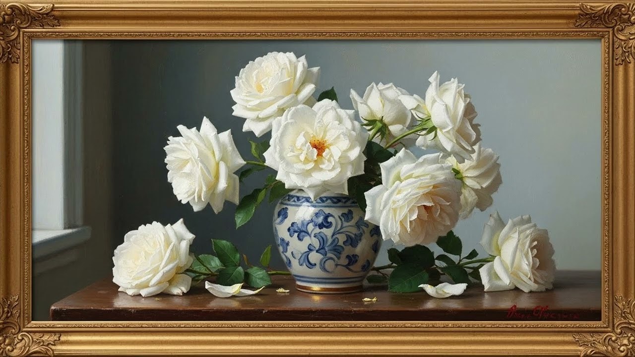 Framed Tv & Wall Art Screensaver Painting | White Roses in a Porcelain Vase | 10 Hours | Wallpaper