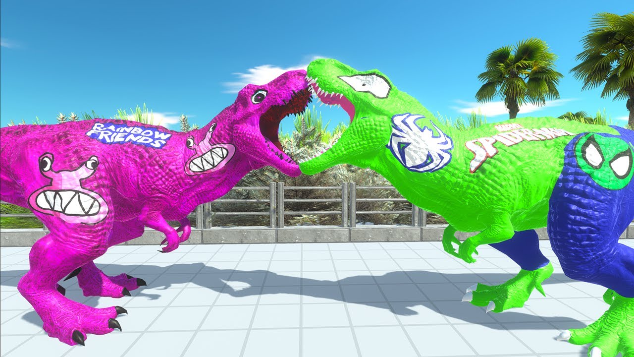 Jurassic World Dominion Rainbow Friends Pink T-rex vs Green Marvel Spider Man T-rex Oasis Death Run