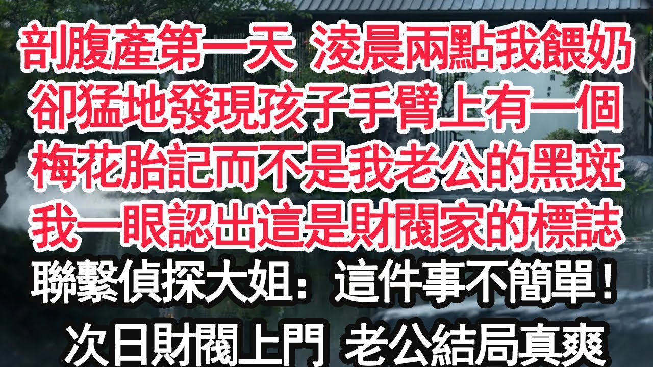 剖腹產第一天 淩晨兩點我餵奶卻猛地發現孩子手臂上有一個梅花胎記而不是我老公的黑斑我一眼認出這是財閥家的標誌聯繫偵探大姐：這件事不簡單！次日財閥上門 老公結局真爽【顧亞男】【大女主】【婚姻自主】