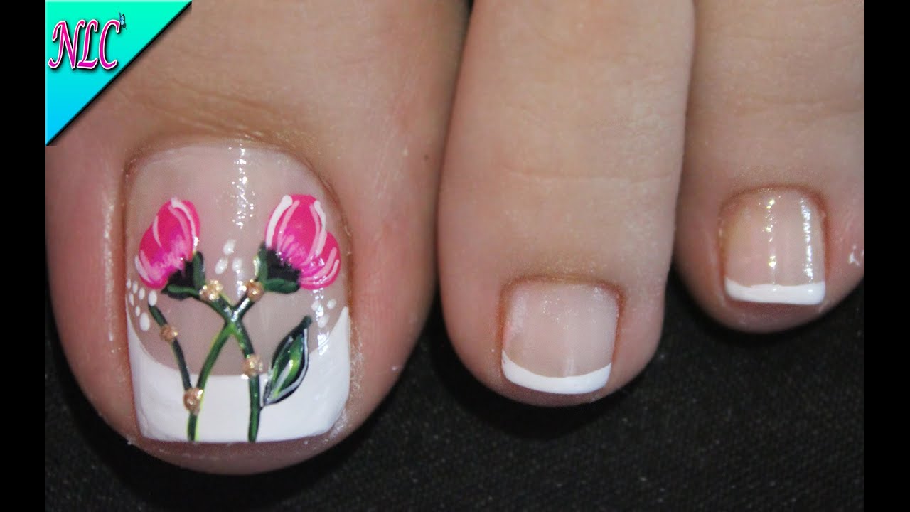 DISEÑO DE UÑAS PARA PIES FLORES Y FRANCÉS MUY FÁCIL DE HACER - FRENCH NAIL ART - FLOWERS NAIL ART