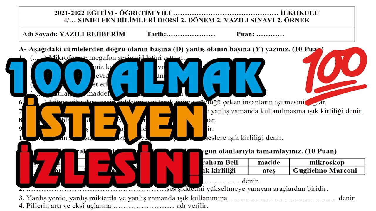 4. Sınıf Fen Bilimleri 2. Dönem 2. Yazılı | 2. Örnek 2022