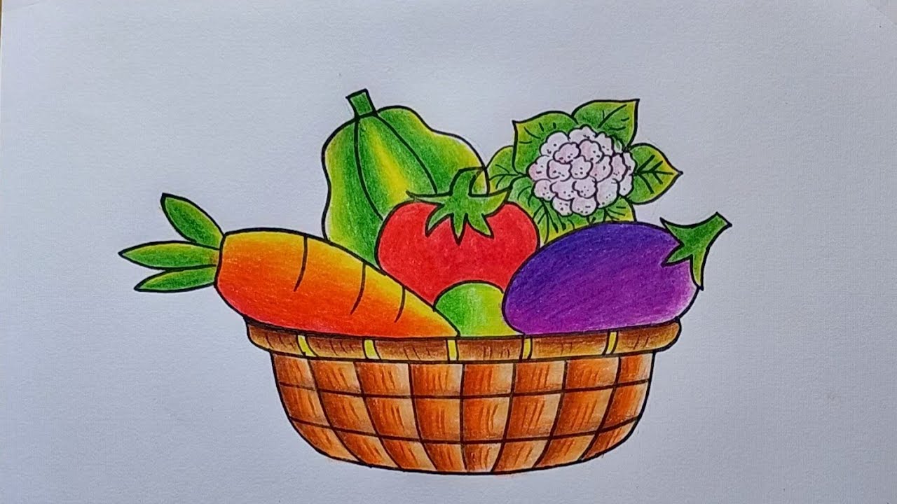 Very Easy Vegetable Basket drawing| Different types of Vegetables drawing| Draw Vegetables basket