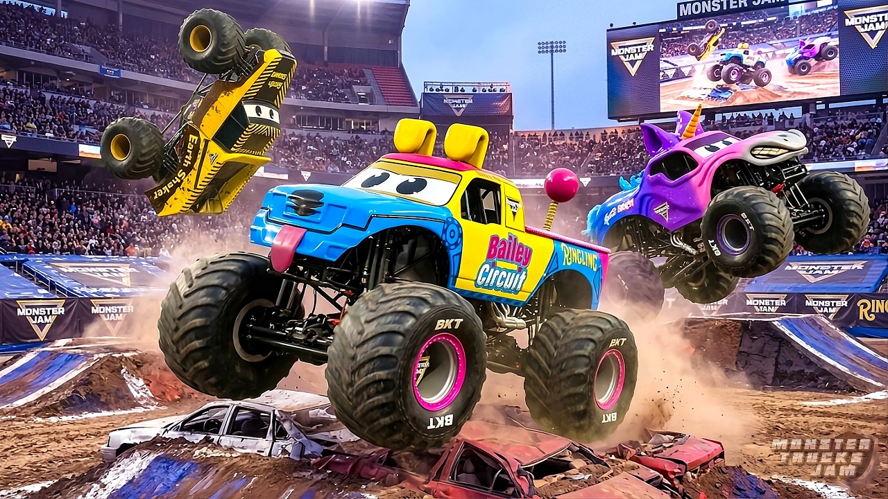 INSANE Monster Jam: Bailey Circuit vs Sparkle Smash vs Earth Shaker | EPIC Stunt Race Huge Crashes!