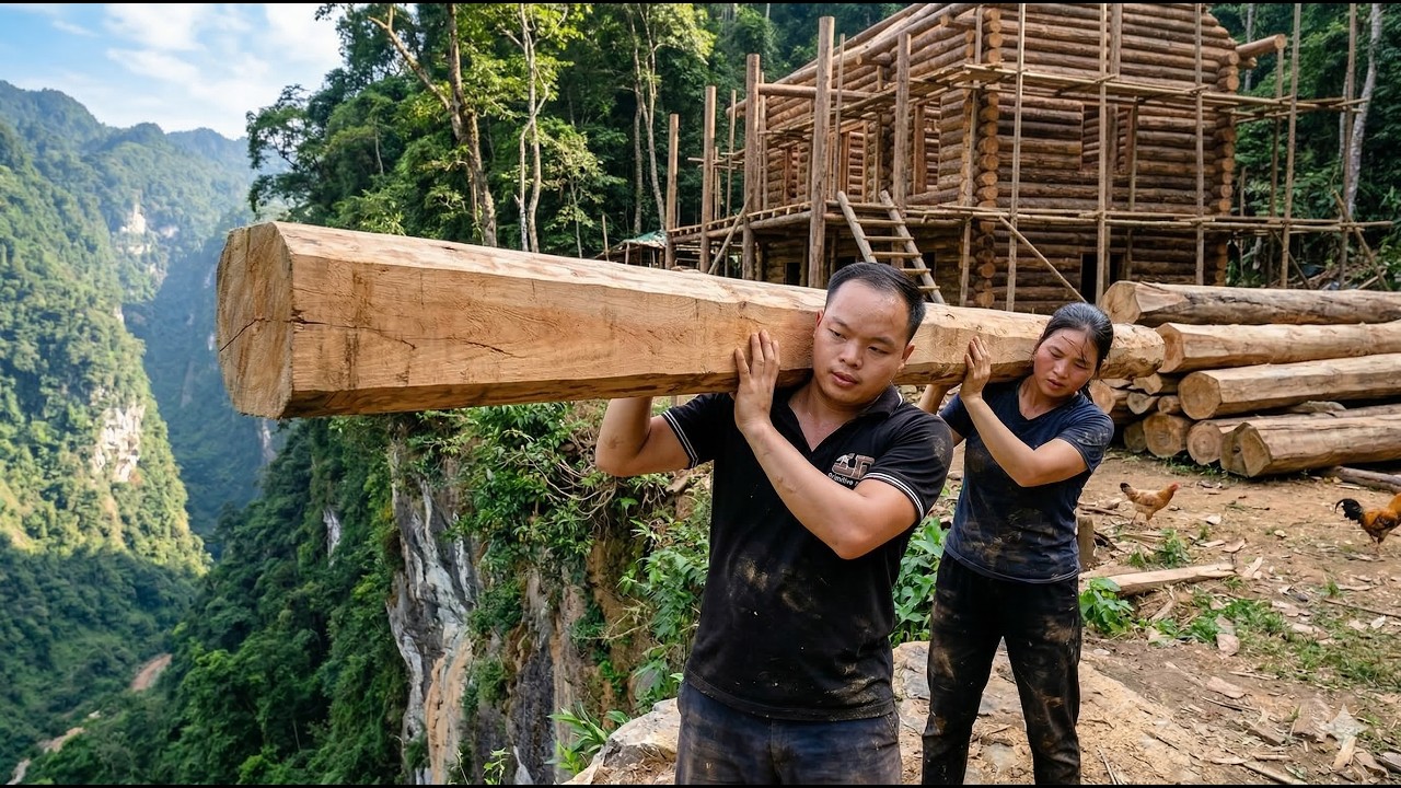 Duong and His Wife Build a Rustic Log Cabin in the Woods Using Primitive Tools