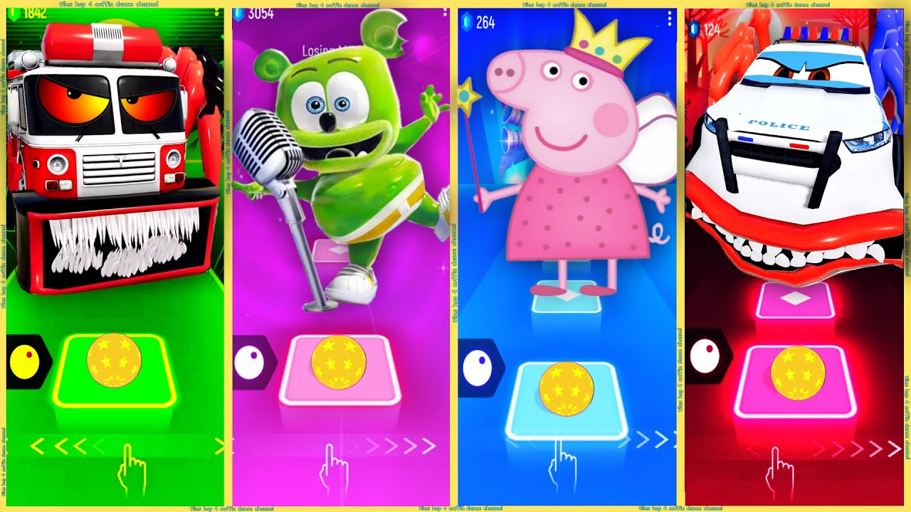 Fire truck vs Gummy bear vs Peppa pig vs Police car eater - tiles hop edm rush 😂👍