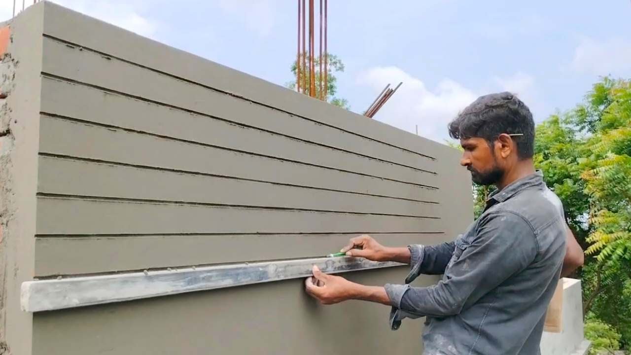 Wall plastering with Ceramic design Cutting Techniques_ House front wall brick design cutting