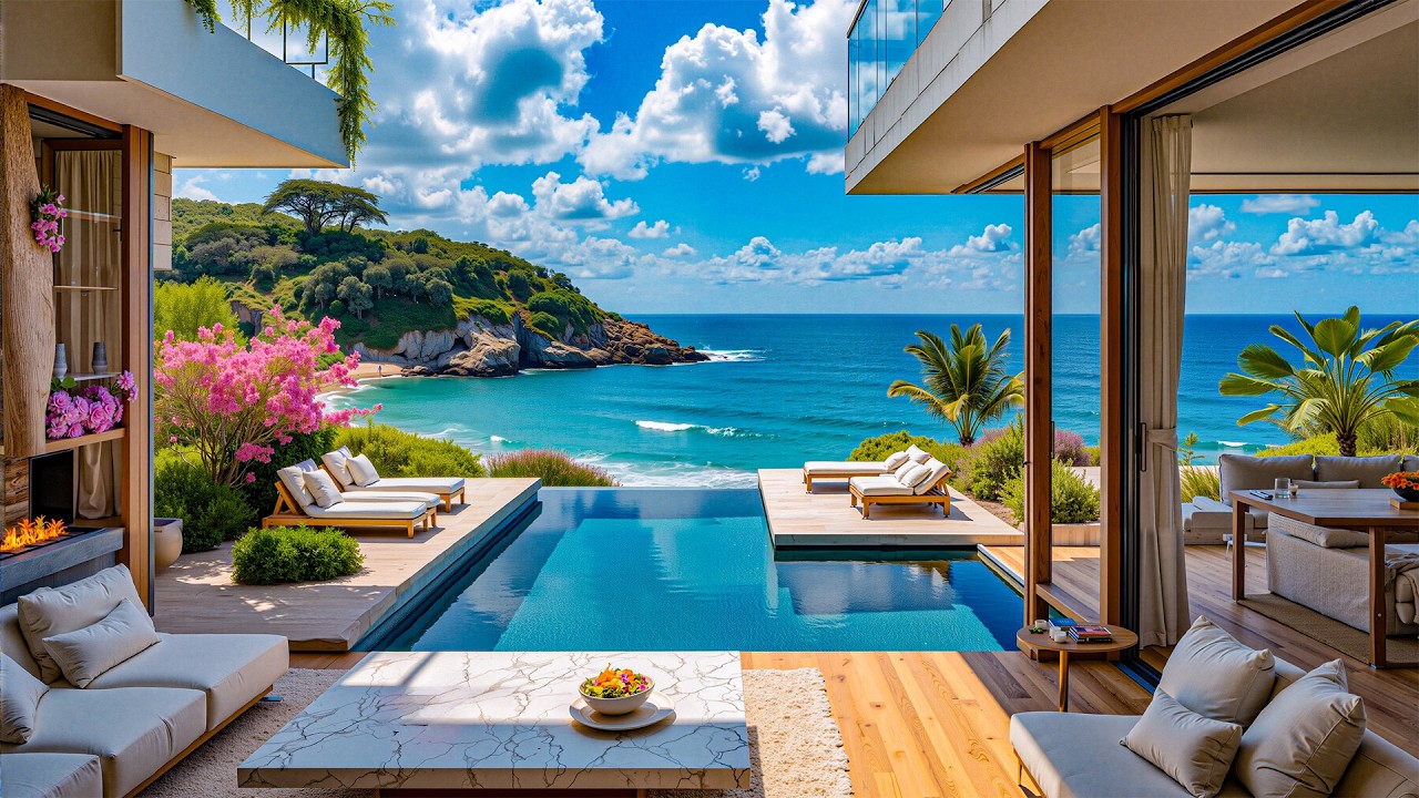 Gentle Jazz On The Balcony Of A Beachfront Villa - Morning Jazz & Ocean Waves Welcoming The New Day