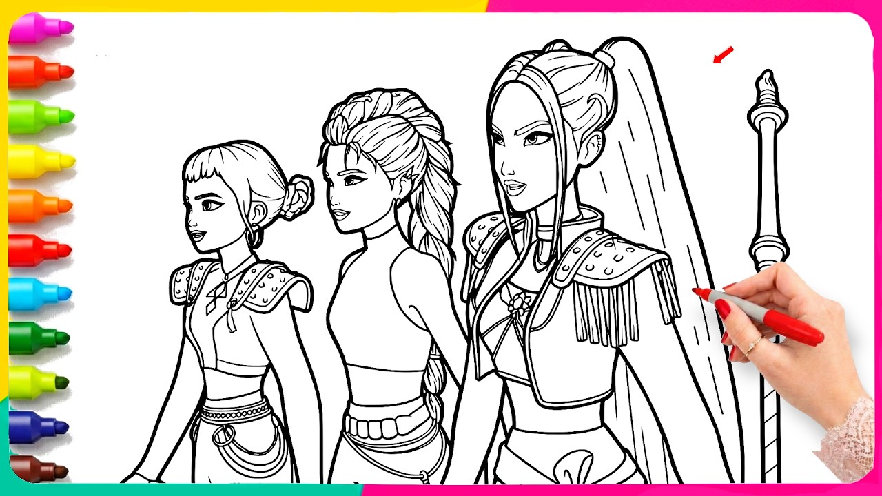 Coloring HUNTRIX FIGHT moment  - Kpop Demon Hunters New Coloring Page - Rumi, Mira And Zoey FanArt
