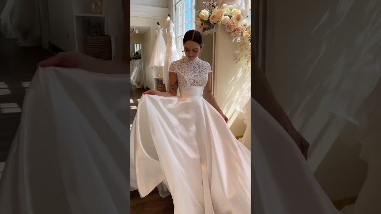 Meet &ldquo;Dottie&rdquo; a stunning satin ballgown with and intricate lace bodice and high neck 🤍