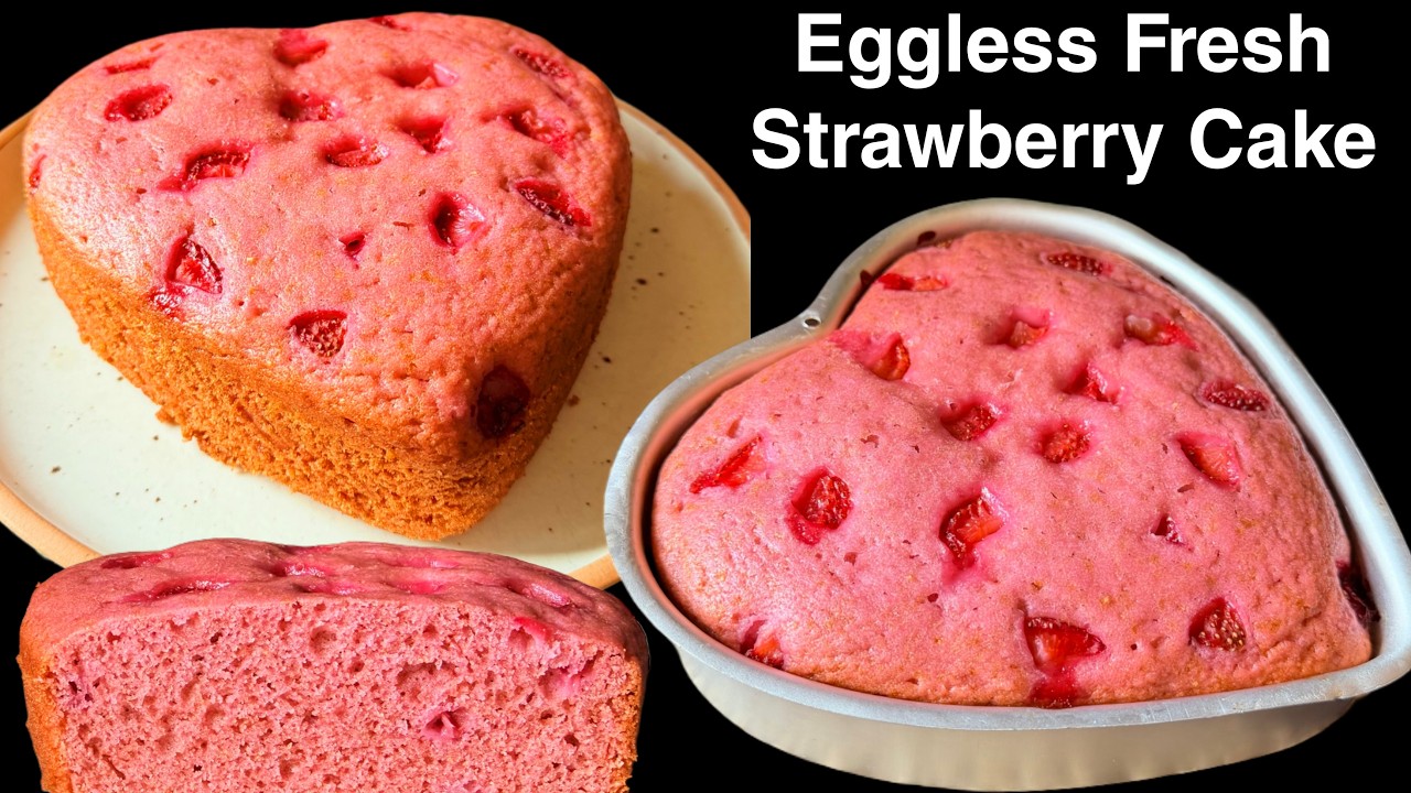 No Egg Strawberry Cake With Fresh Strawberries | Tea Cake Style | Eggless Cake Without Oven