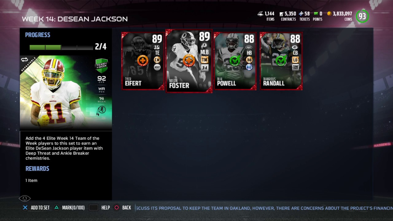 Madden NFL 17 Desean Jackson TOTW 14 Set Collection Madden MUT 17