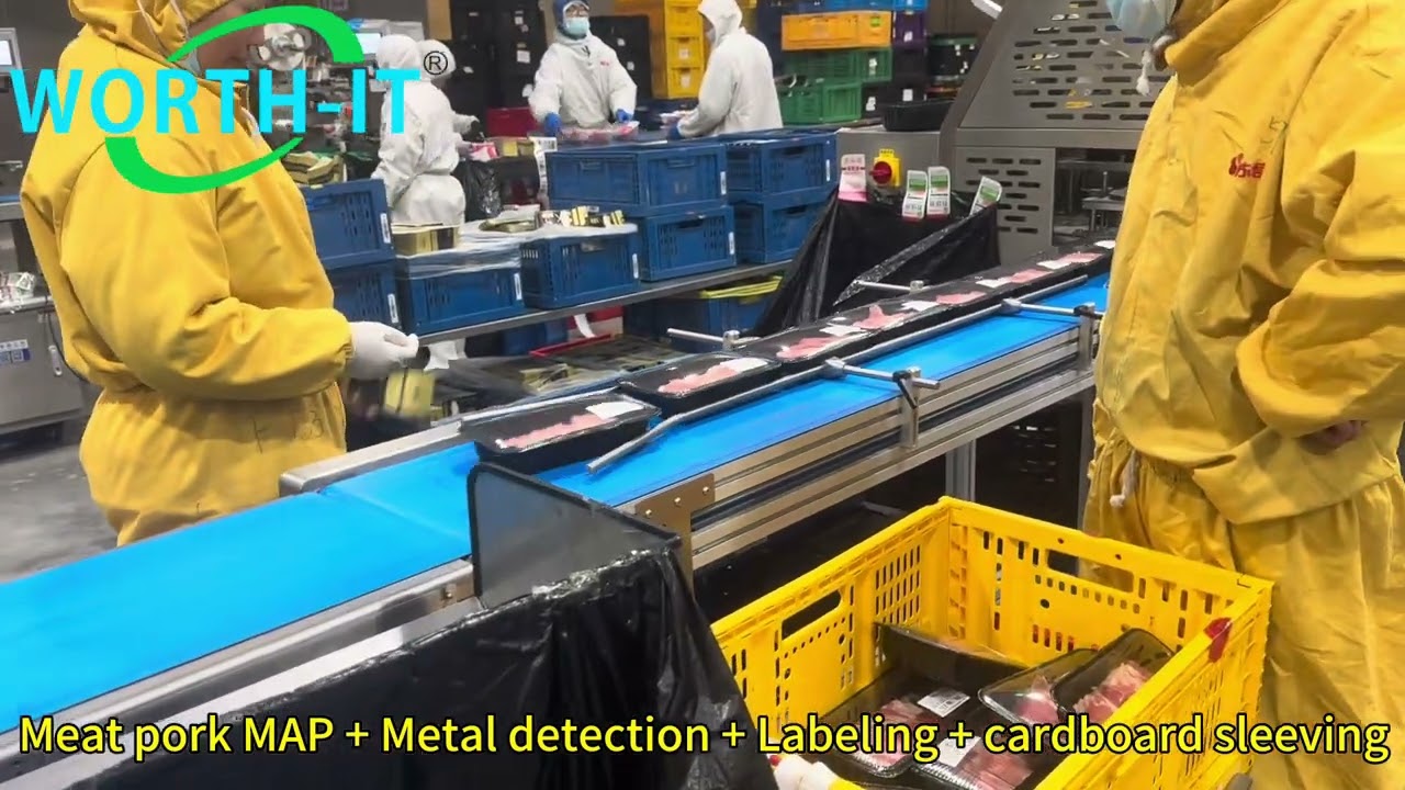 Full automatic Meat pork Modified Atmosphere with metal detection labeling and cardboard sleeving 
