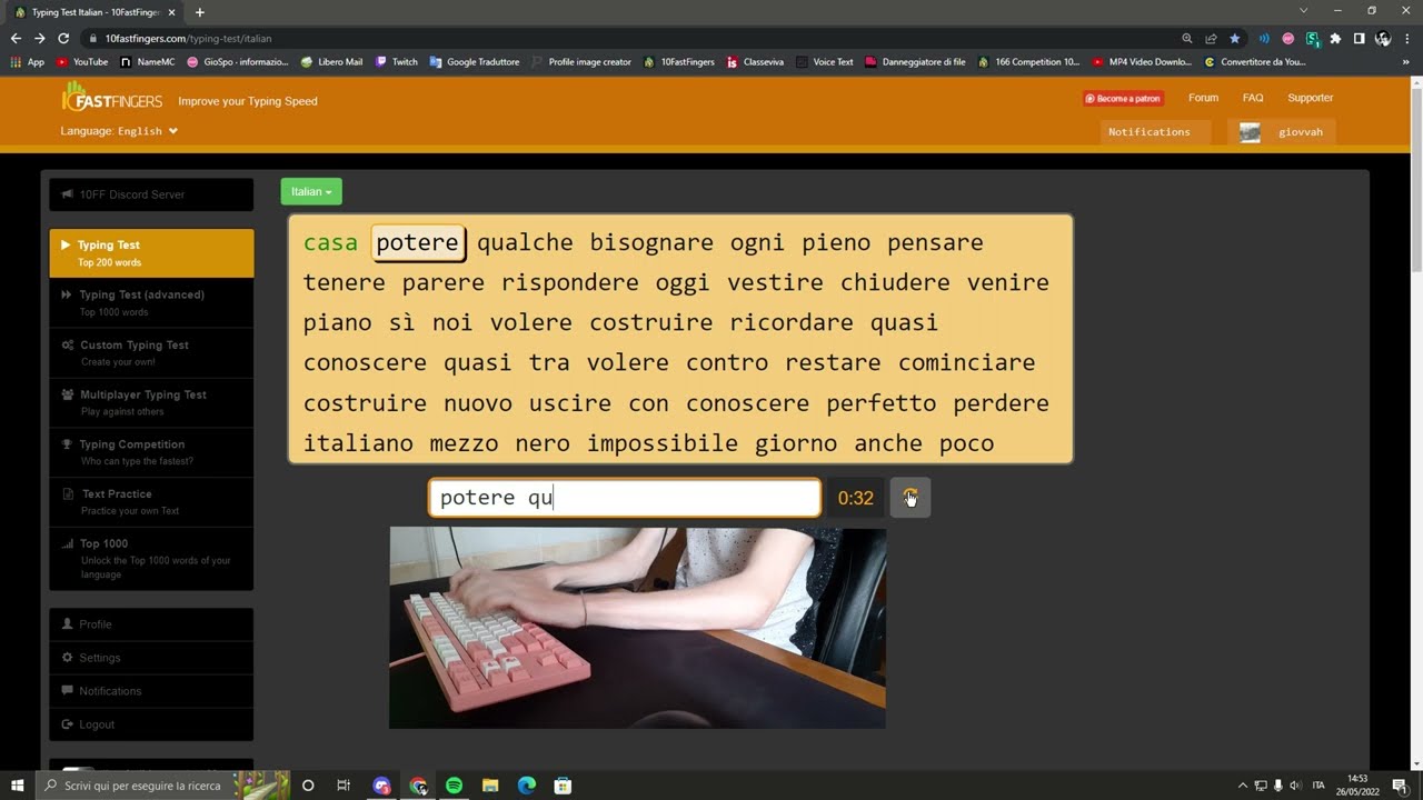 181 WPM on 10FastFingers in Italian with Handcam