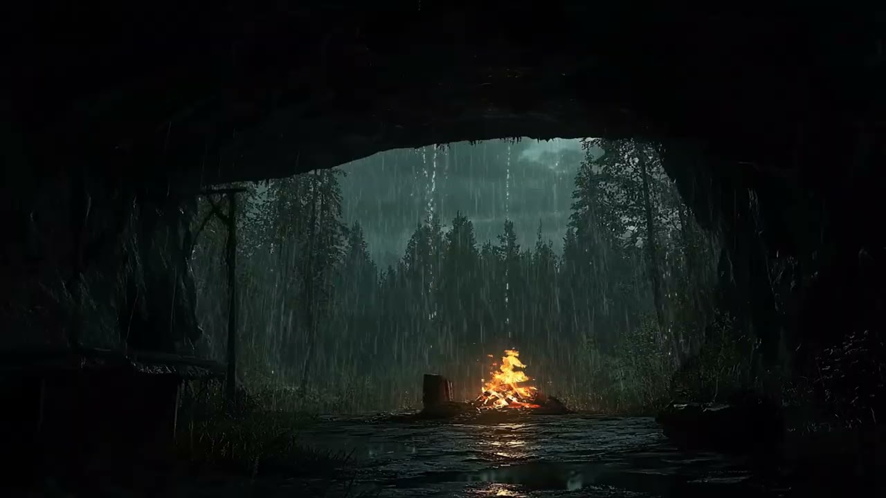 ⛈️🏡 Mountain Cave in a Storm | Intense Rainfall, Rolling Thunder & Cozy Fireplace Sounds 🔥🌧️✨