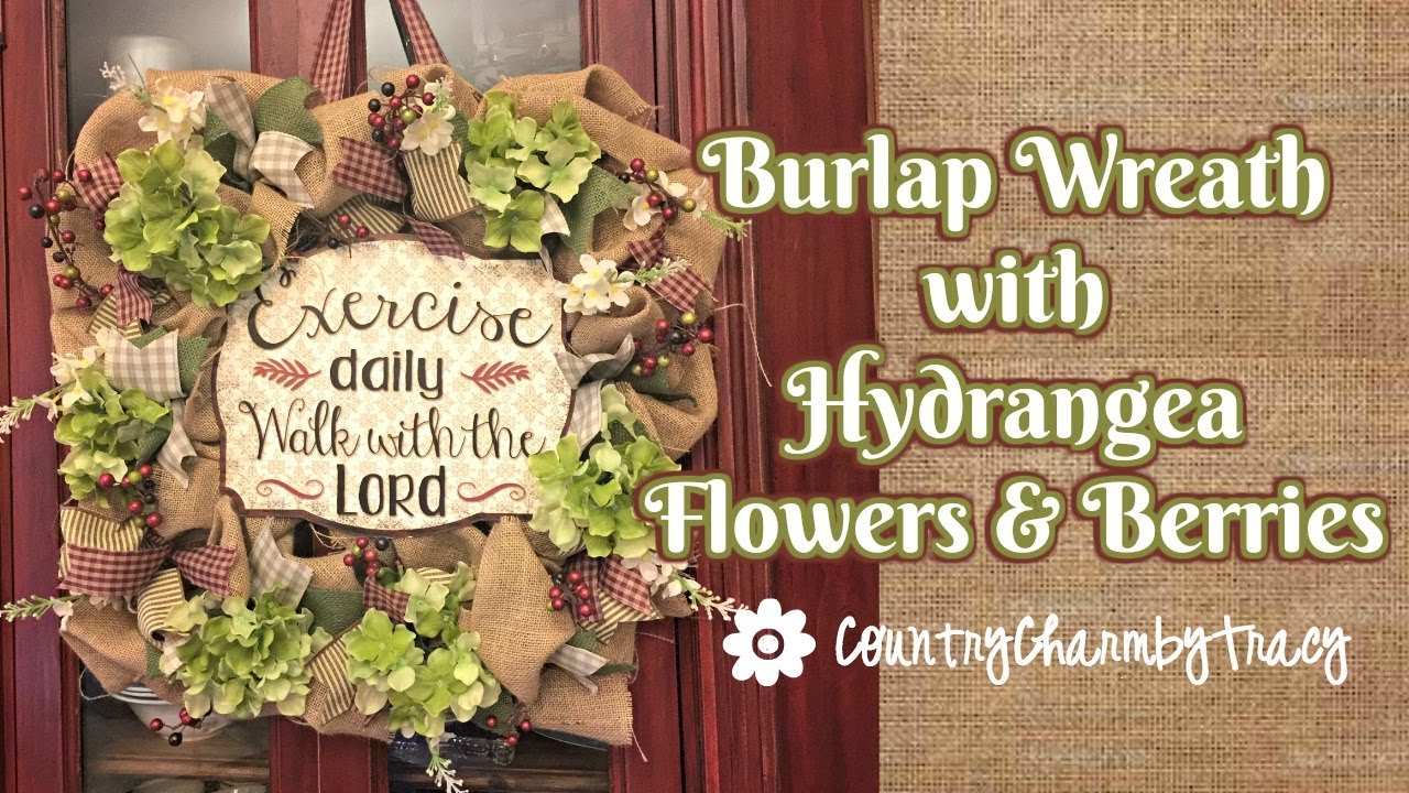 Burlap Wreath with Hydrangea Flowers and Berries